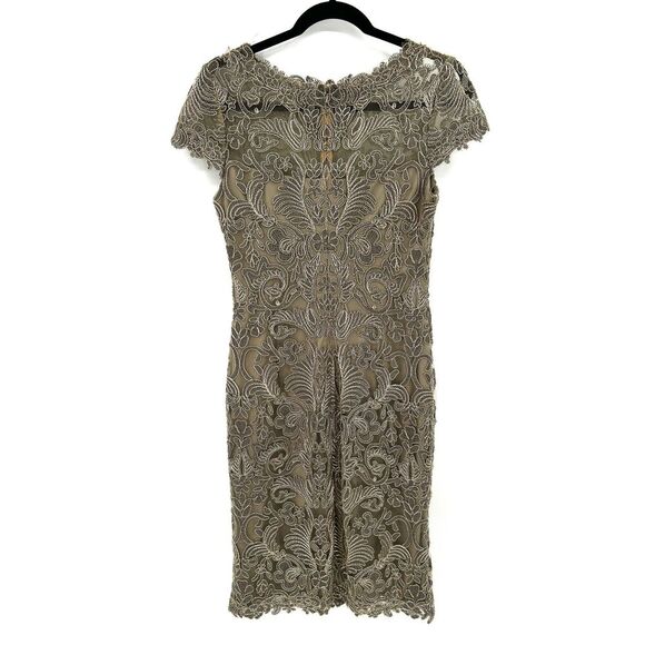 TADASHI SHOJI Gray Silver Embroidered Sheer Neck Lace Cocktail Mini Dress Size 4 - Picture 7 of 14